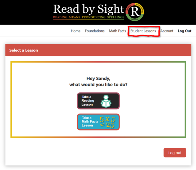 Student Lessons menu: choosing a math facts lesson