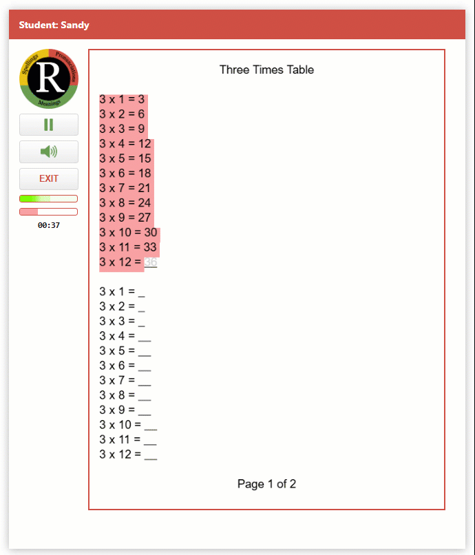 Math facts lesson in progress: highlight moving as the student succeeds